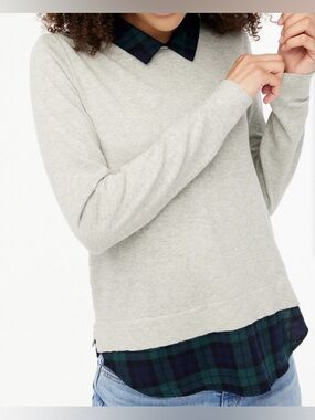 NEW J.Crew gray cotton sweater with plaid collar and shirttail size S